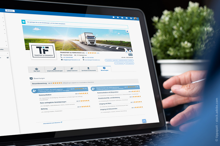 Monitor notebooku s otevřenou stránkou hodnocení dopravních partnerů v Marketplace od TIMOCOM